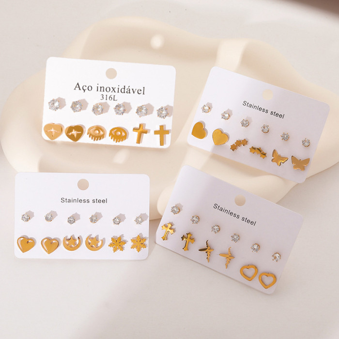 Stainless Steel Small Earrings Zircon Heart Earrings Shower Safe Non-Fading Earrings Butterfly Cross Earrings Titanium Steel Studs