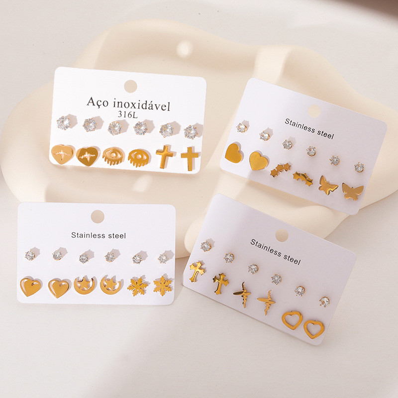 Stainless Steel Small Earrings Zircon Heart Earrings Shower Safe Non-Fading Earrings Butterfly Cross Earrings Titanium Steel Studs