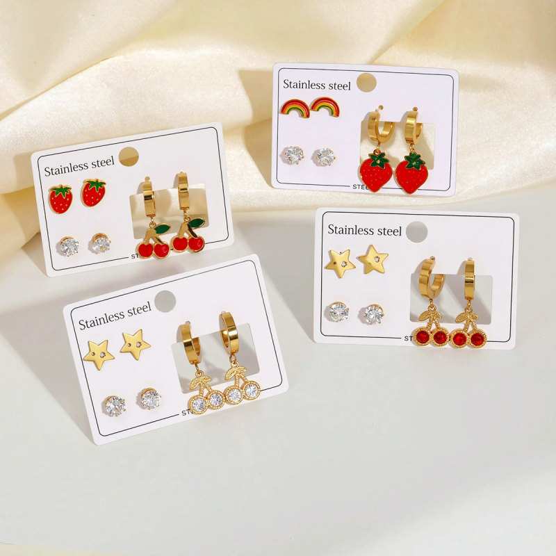 European and American Stainless Steel Earrings Special-Interest Design Suit Dripping Strawberry Cherry Diamond Embedded Star Ear Studs Titanium Steel Earrings Women