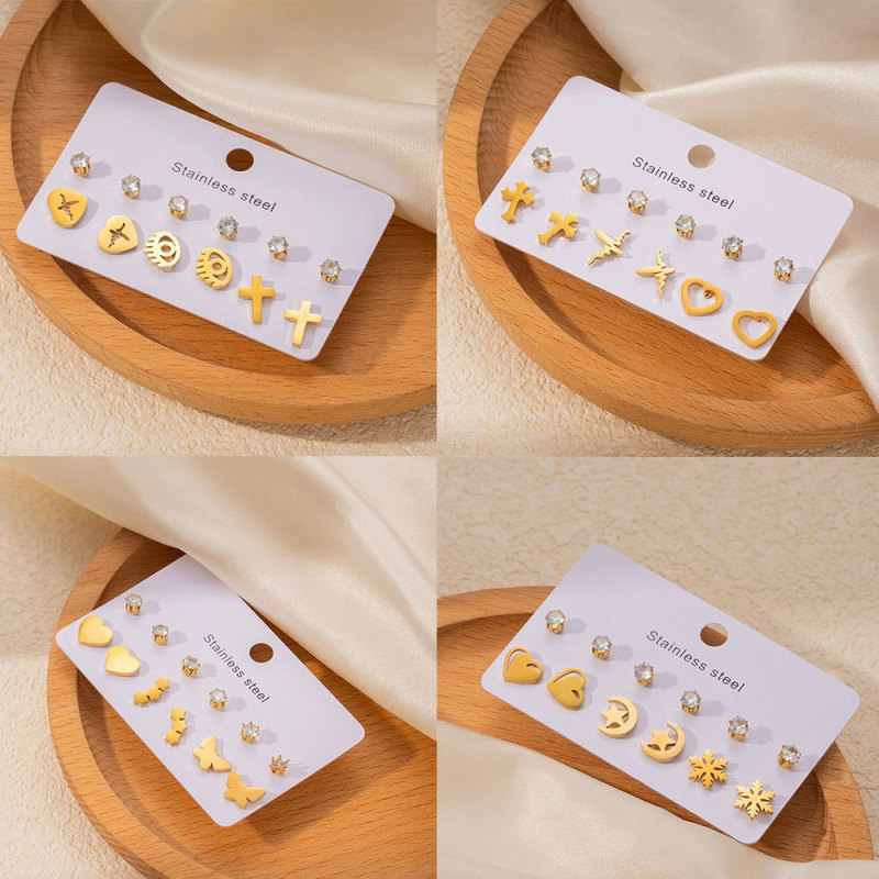 Stainless Steel Small Earrings Zircon Heart Earrings Shower Safe Non-Fading Earrings Butterfly Cross Earrings Titanium Steel Studs