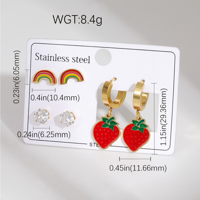 European and American Stainless Steel Earrings Special-Interest Design Suit Dripping Strawberry Cherry Diamond Embedded Star Ear Studs Titanium Steel Earrings Women