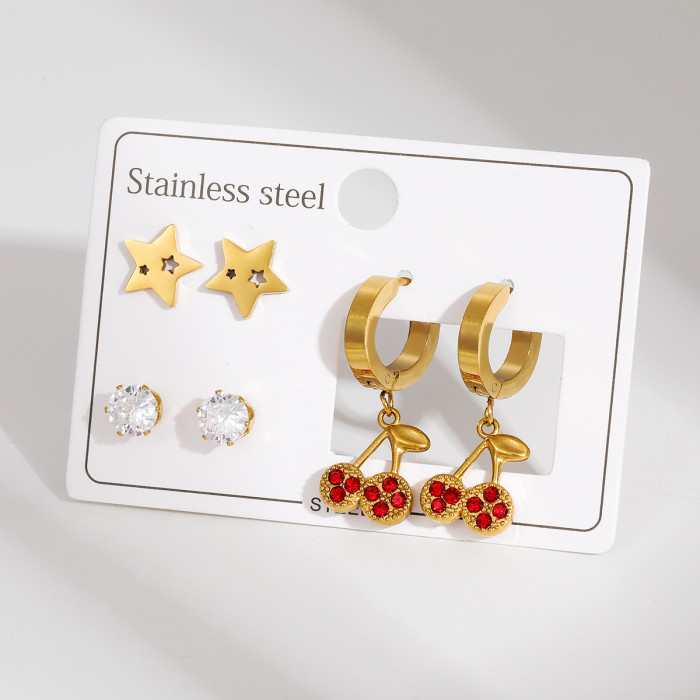 European and American Stainless Steel Earrings Special-Interest Design Suit Dripping Strawberry Cherry Diamond Embedded Star Ear Studs Titanium Steel Earrings Women