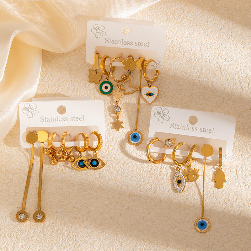 Colorful Earring Set Devil's Eye Earrings Colorful Zircon Studs Windmill Tassel Earrings Asymmetric Earrings