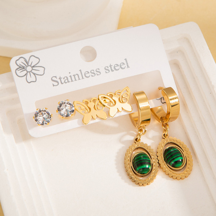 New Stainless Steel Earring Set Three-Dimensional Butterfly Earrings Roman Numeral Earrings Gold-Plated Zircon Heart Earrings for Women