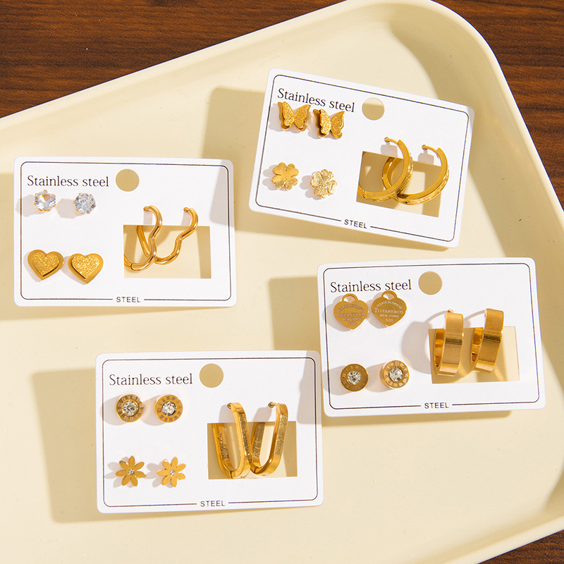 New Stainless Steel Earring Set Three-Dimensional Butterfly Earrings Roman Numeral Earrings Gold-Plated Zircon Heart Earrings for Women
