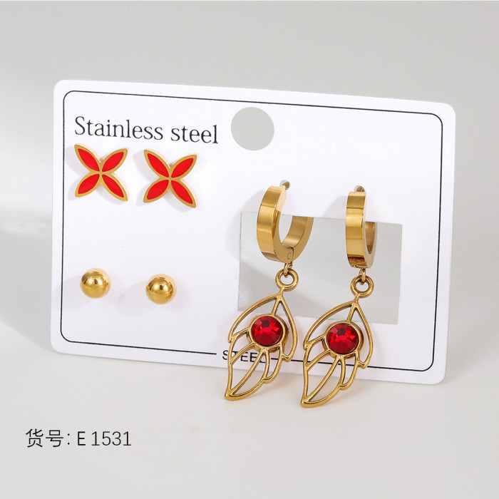 Titanium Steel Earrings Light Luxury High-end Feel Stainless Steel Stud Earrings Niche Earrings with Inlaid Diamonds Heart Oil Drop Four-leaf Clover Earrings for Women