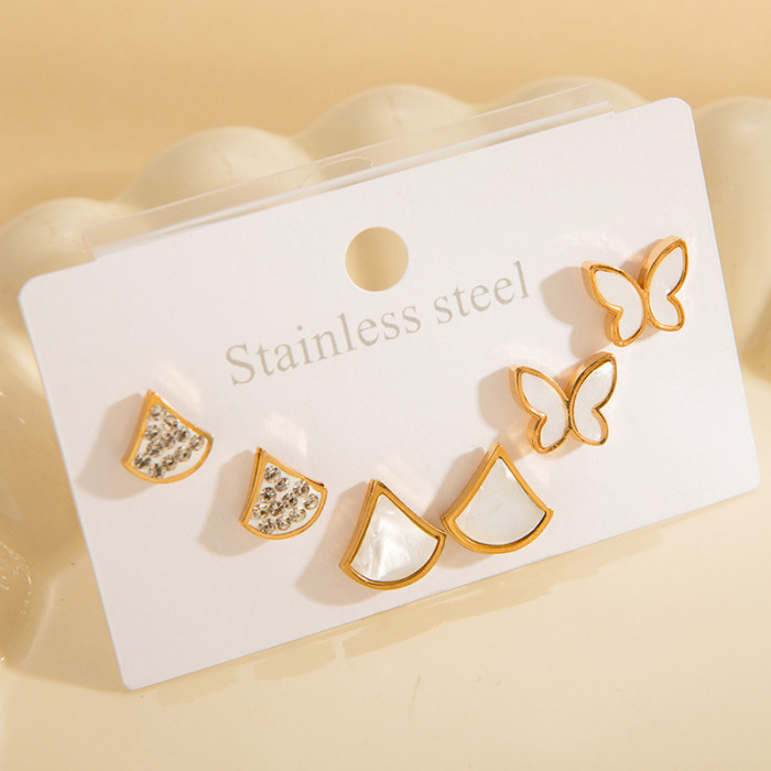 New Stainless Steel Earring Set Three-Dimensional Butterfly Earrings Roman Numeral Earrings Gold-Plated Zircon Heart Earrings for Women