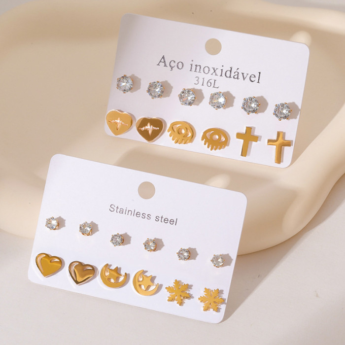 Stainless Steel Small Earrings Zircon Heart Earrings Shower Safe Non-Fading Earrings Butterfly Cross Earrings Titanium Steel Studs