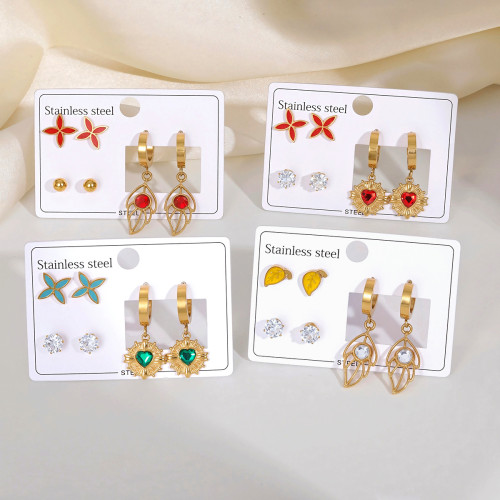 Titanium Steel Earrings Light Luxury High-end Feel Stainless Steel Stud Earrings Niche Earrings with Inlaid Diamonds Heart Oil Drop Four-leaf Clover Earrings for Women