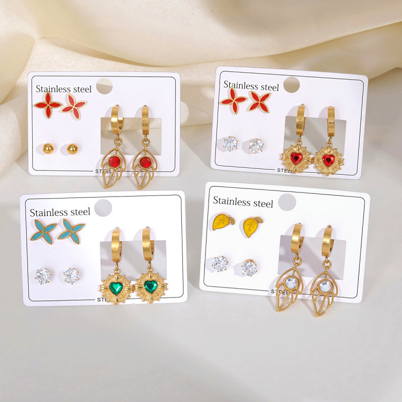 Titanium Steel Earrings Light Luxury High-end Feel Stainless Steel Stud Earrings Niche Earrings with Inlaid Diamonds Heart Oil Drop Four-leaf Clover Earrings for Women