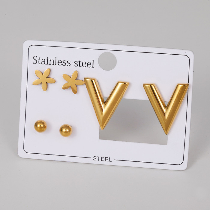 European and American Titanium Steel Earrings Set Bowknot Star Gold-plated Stud Earrings with Rhinestones Light Luxury High-end Feel Stainless Steel Earrings for Women