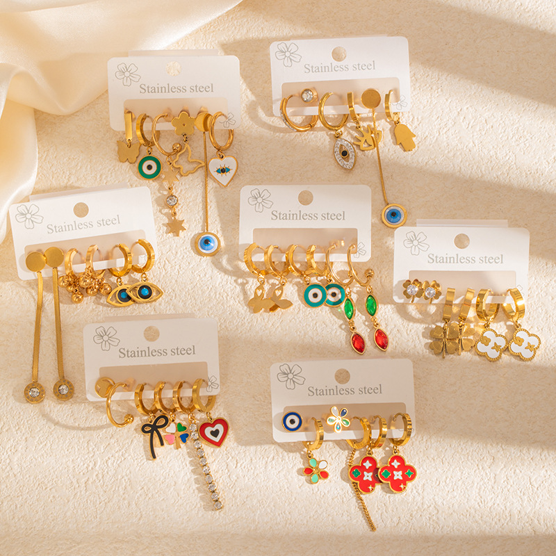 Colorful Earring Set Devil's Eye Earrings Colorful Zircon Studs Windmill Tassel Earrings Asymmetric Earrings