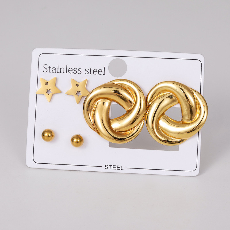 European and American Titanium Steel Earrings Set Bowknot Star Gold-plated Stud Earrings with Rhinestones Light Luxury High-end Feel Stainless Steel Earrings for Women