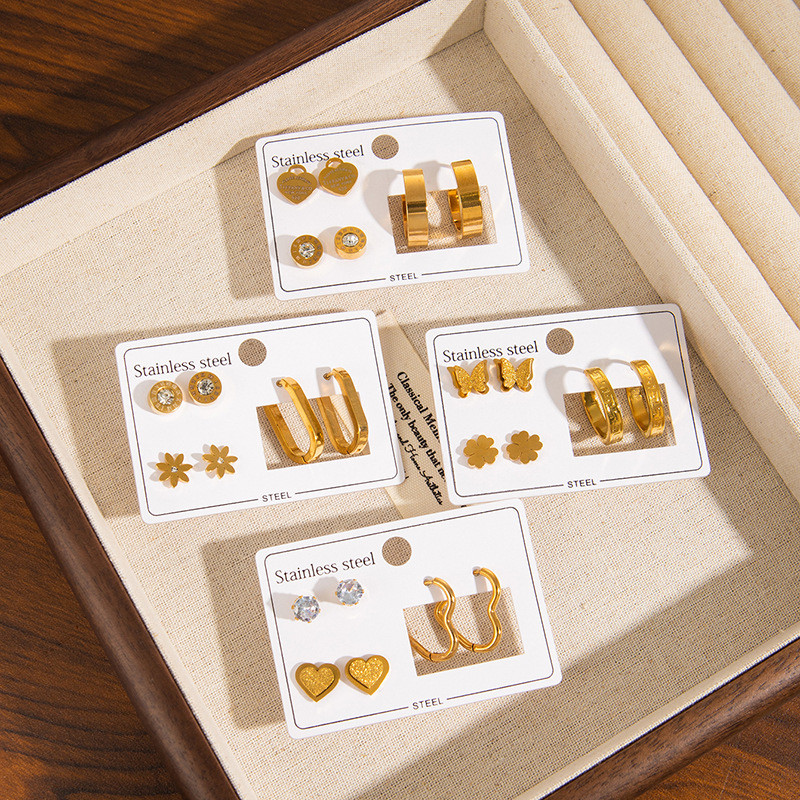 New Stainless Steel Earring Set Three-Dimensional Butterfly Earrings Roman Numeral Earrings Gold-Plated Zircon Heart Earrings for Women
