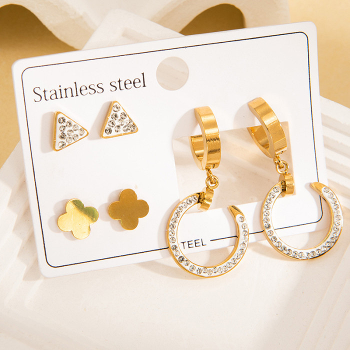 New Stainless Steel Earring Set Three-Dimensional Butterfly Earrings Roman Numeral Earrings Gold-Plated Zircon Heart Earrings for Women