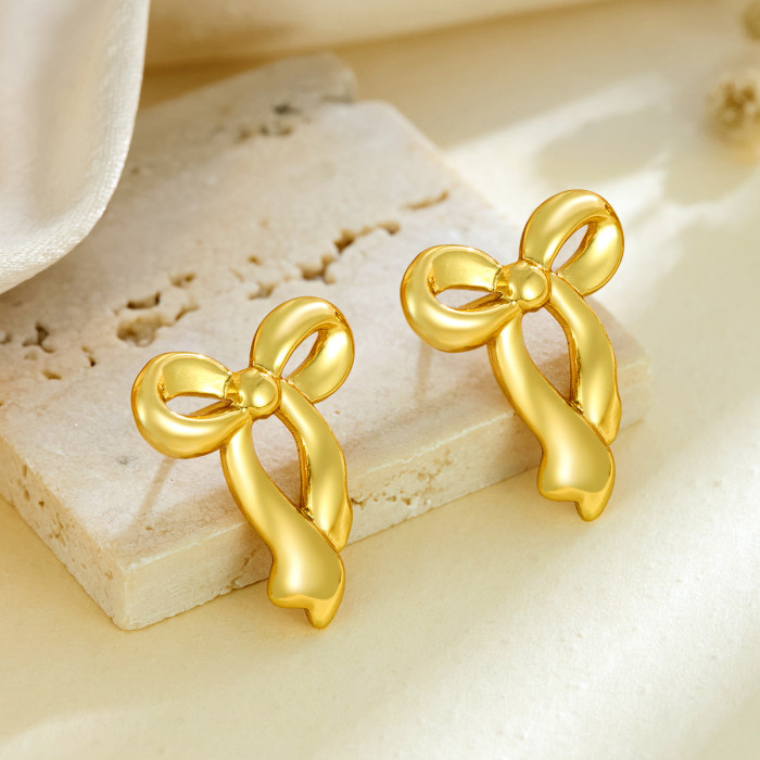 Cross-border Stainless Steel Fresh Sweet Bowknot Stud Earrings Temperament Geometric Earrings Personality Trendy Style Ear Jewelry for Women