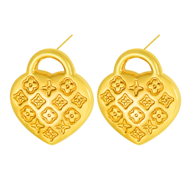 Cross-Border New Simple Fashion Heart Old Pattern Earrings High-End Versatile Double-Sided Heart Lock Stainless Steel Earrings for Women