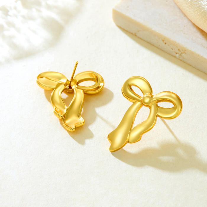 Cross-border Stainless Steel Fresh Sweet Bowknot Stud Earrings Temperament Geometric Earrings Personality Trendy Style Ear Jewelry for Women