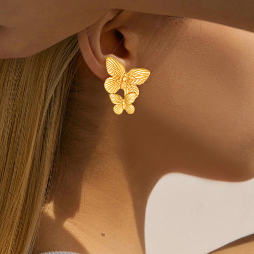 European and American Fashion Light Luxury Titanium Steel Butterfly Shape Earrings Stainless Steel 18k Gold Plated Niche Design Sense Women's Earrings