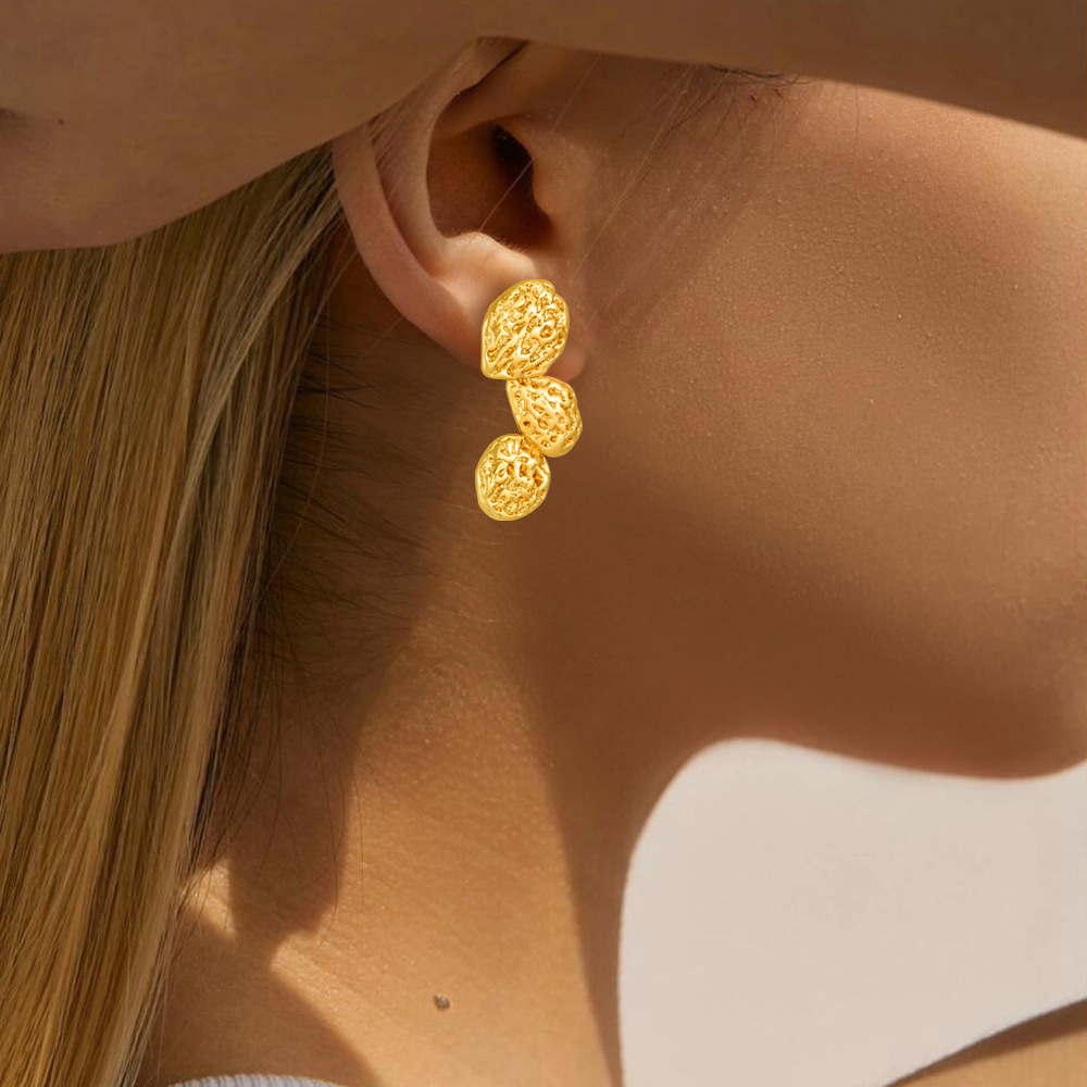 Vintage Style Personality Stainless Steel Gold-Plated Earrings Hammered Texture Multi-Piece Irregular Petal Splicing Design Earrings