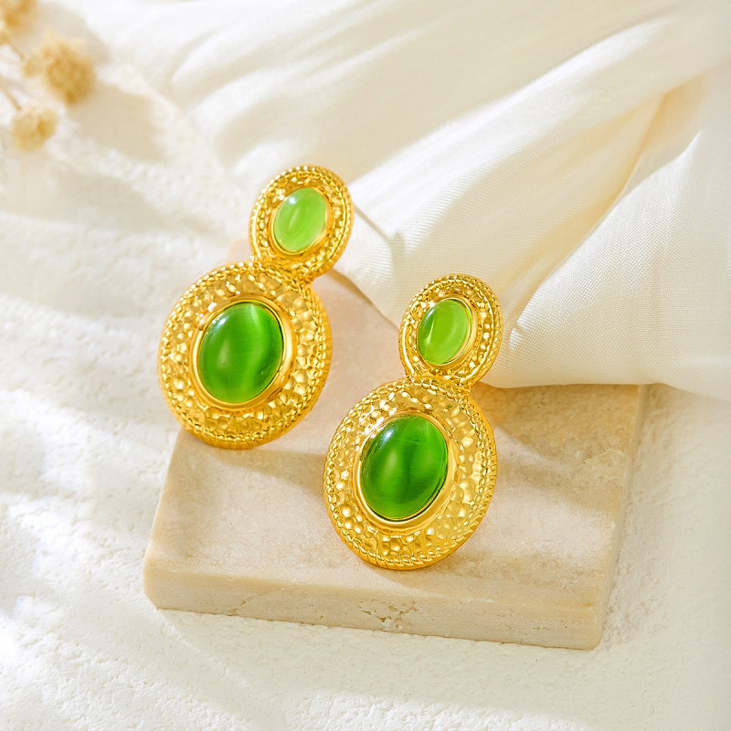 European and American Light Luxury Fashion Color Stone Earrings 18k Gold Geometric Irregular Stainless Steel Exquisite High-end Earrings Jewelry