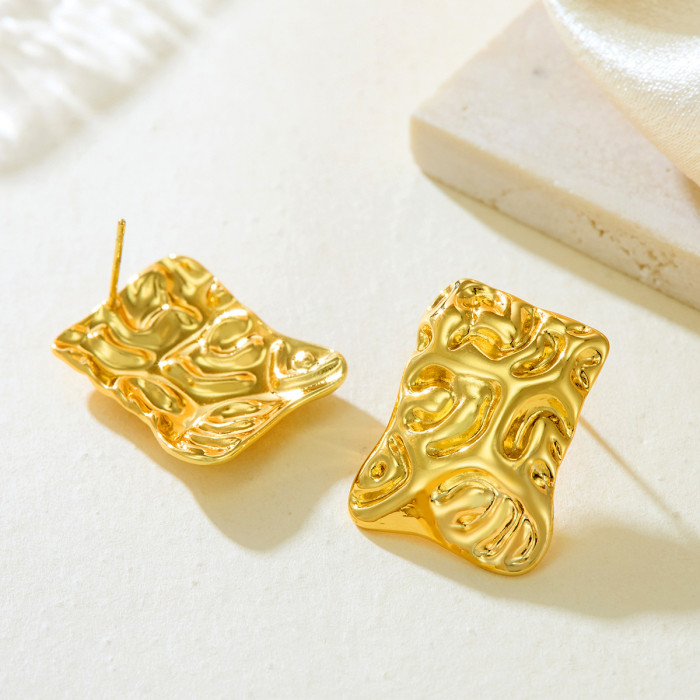 New High-End Light Luxury Stainless Steel 18K Gold Plated Geometric Square Irregular Wrinkled Metal Stud Earrings