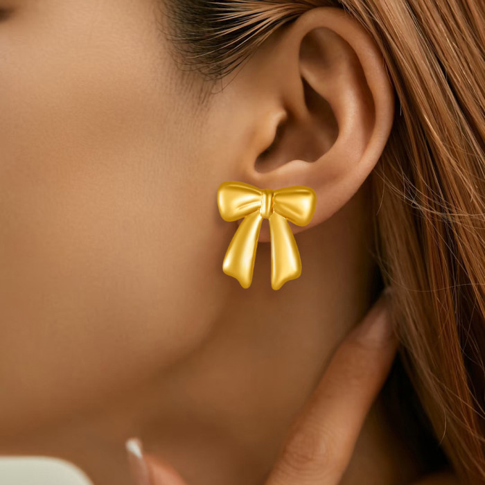 Cross-Border New High-End Fashion Titanium Steel Bowknot Earrings Jewelry High-End Design Exaggerated Earrings Versatile Trendy