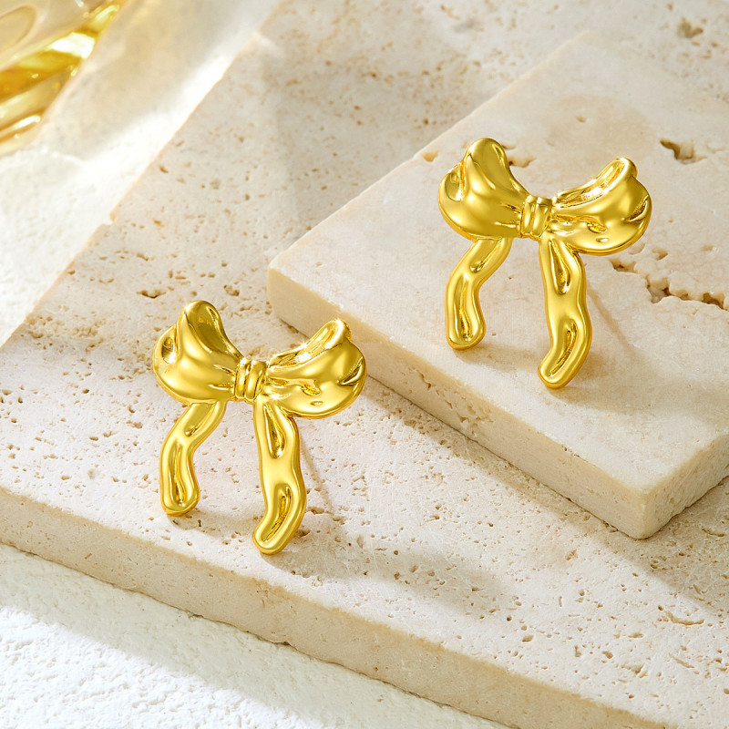 European and American INS Style Gentle Temperament Stainless Steel Bowknot Earrings 18K Gold Plated Unique Niche Design Fashion Earrings
