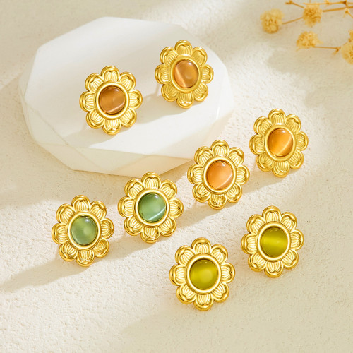 Cross-Border French Light Luxury Stainless Steel Lotus Earrings Versatile Fashion Cat's Eye Stone Flower Earrings Vintage Ear Jewelry Wholesale