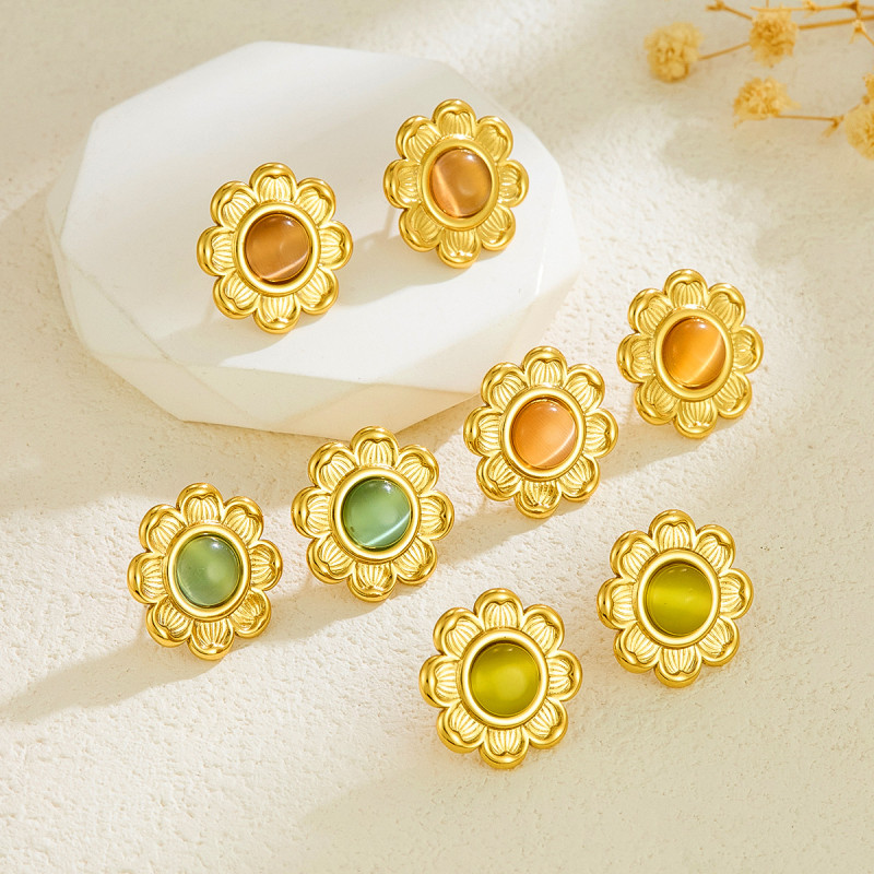 Cross-Border French Light Luxury Stainless Steel Lotus Earrings Versatile Fashion Cat's Eye Stone Flower Earrings Vintage Ear Jewelry Wholesale