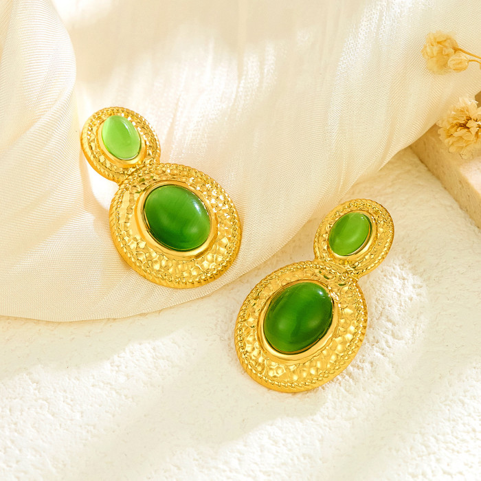 Light Luxury Fashion Color Stone Earrings 18K Gold Geometric Irregular Stainless Steel Exquisite High-end Earrings Je...