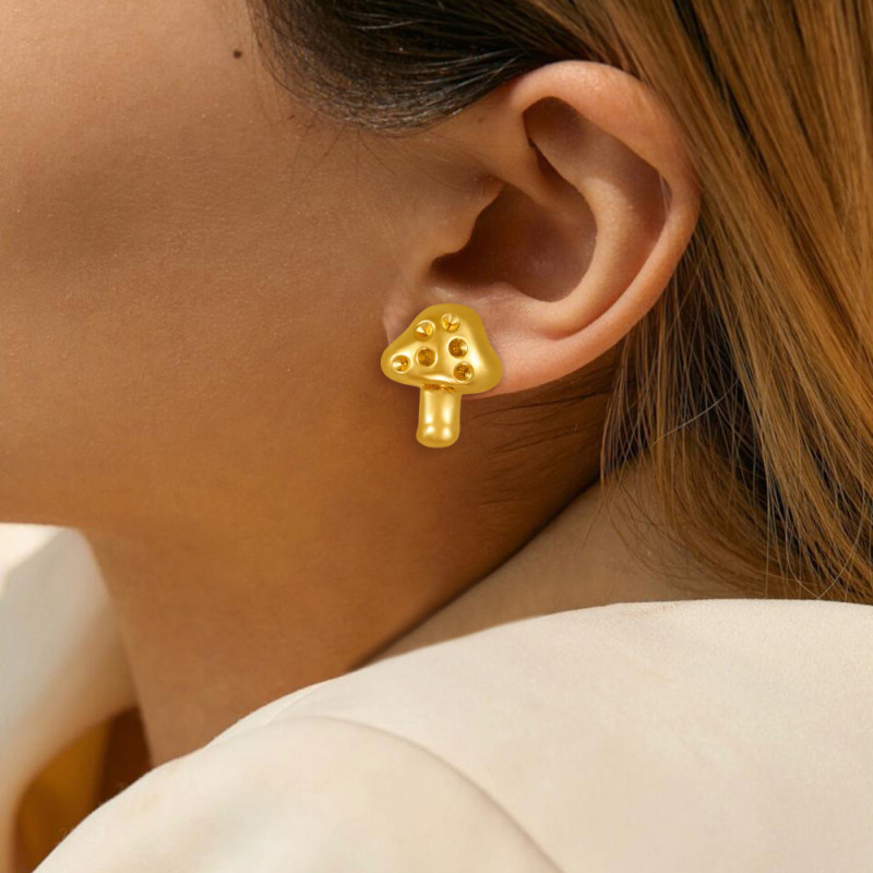 Amazon INS Colorful Zircon Mushroom Stainless Steel Earrings for Women, Light Luxury High-end Feel, 18K Diamond-encrusted Earrings Jewelry