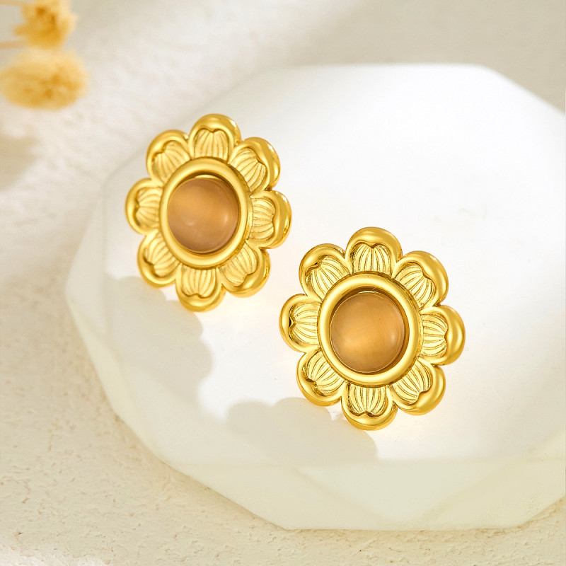 Cross-Border French Light Luxury Stainless Steel Lotus Earrings Versatile Fashion Cat's Eye Stone Flower Earrings Vintage Ear Jewelry Wholesale