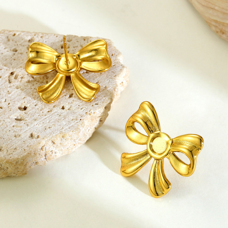 Cross-Border Simple Fashion Hot-Selling Bowknot Titanium Steel Earrings 18K Gold Plated Light Luxury Bowknot Stainless Steel Earrings