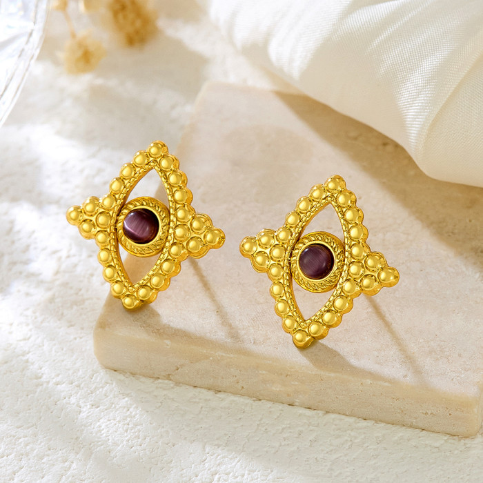 Cross-Border European and American Style Stainless Steel Color Stone Devil's Eye Earrings Niche Design Versatile High-End Earrings for Women