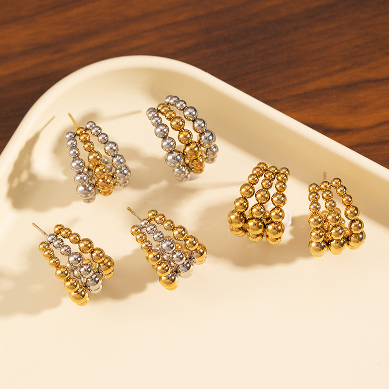 Earrings Niche Light Luxury Design Sense Studs Curved Gradient Drop Earrings Round Beads C-shaped Earrings Cross-border Titanium Steel Earrings for Women