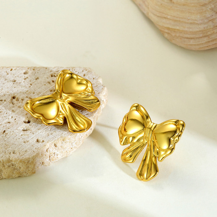 European and American Cross-Border New Titanium Steel Gold-Plated Trendy Fashion Metal Style Bowknot Earrings for Women with Unique Niche Design Sense