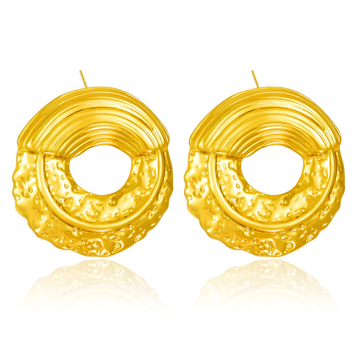 Ins Style 18K Gold Stainless Steel Earrings Wrinkled Hammered Round Hollow Hoop Fashion Versatile Ear Jewelry