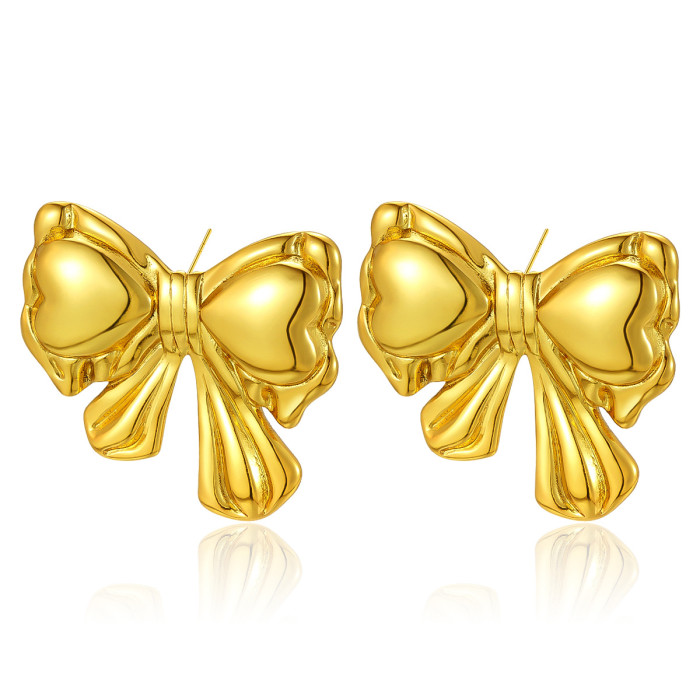 European and American Cross-Border New Titanium Steel Gold-Plated Trendy Fashion Metal Style Bowknot Earrings for Women with Unique Niche Design Sense
