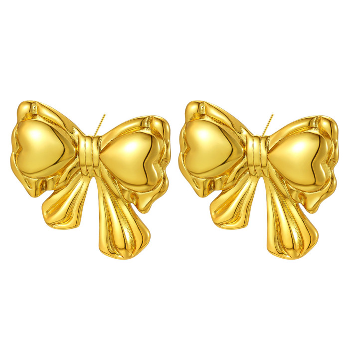 European and American Cross-Border New Titanium Steel Gold-Plated Trendy Fashion Metal Style Bowknot Earrings for Women with Unique Niche Design Sense