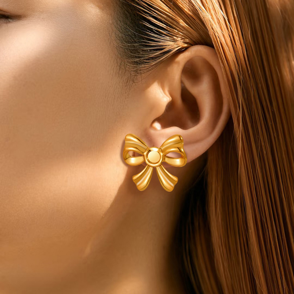 Cross-Border Simple Fashion Hot-Selling Bowknot Titanium Steel Earrings 18K Gold Plated Light Luxury Bowknot Stainless Steel Earrings