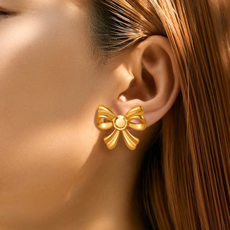 Cross-Border Simple Fashion Hot-Selling Bowknot Titanium Steel Earrings 18K Gold Plated Light Luxury Bowknot Stainless Steel Earrings