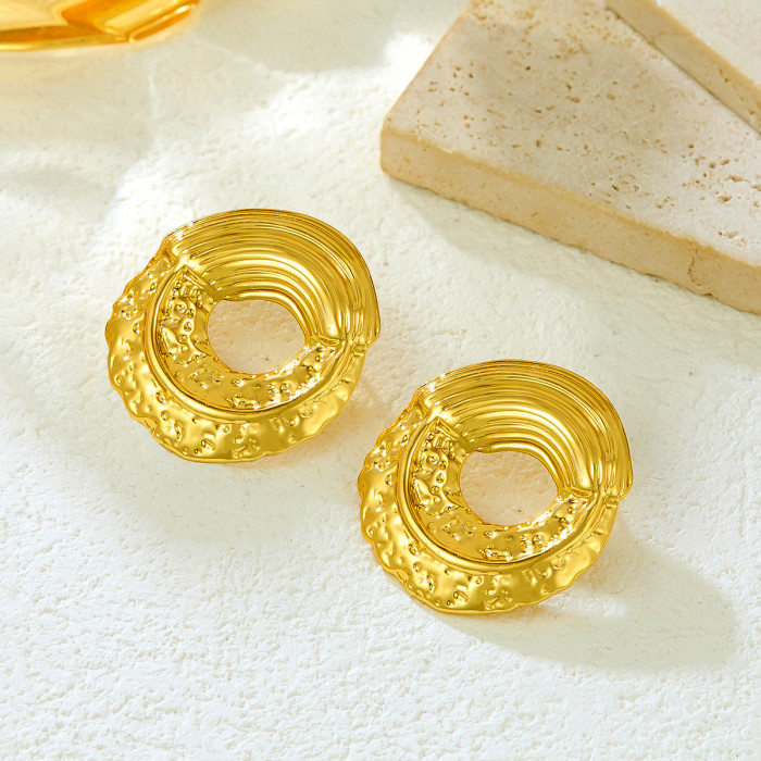 Ins Style 18K Gold Stainless Steel Earrings Wrinkled Hammered Round Hollow Hoop Fashion Versatile Ear Jewelry