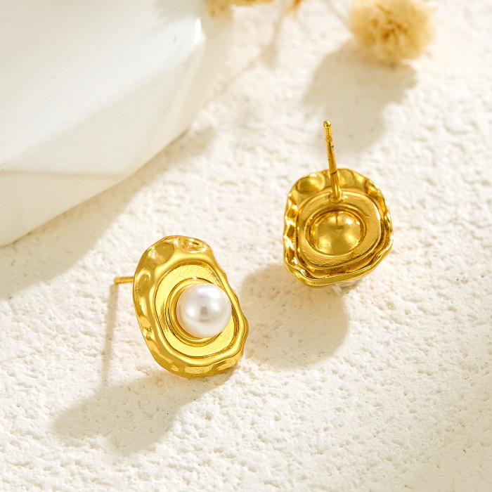 INS Internet Celebrity Trendy Jewelry 18K Gold Stainless Steel Earrings Imitation Pearl Tiger Eye Oval Earrings Fashi...