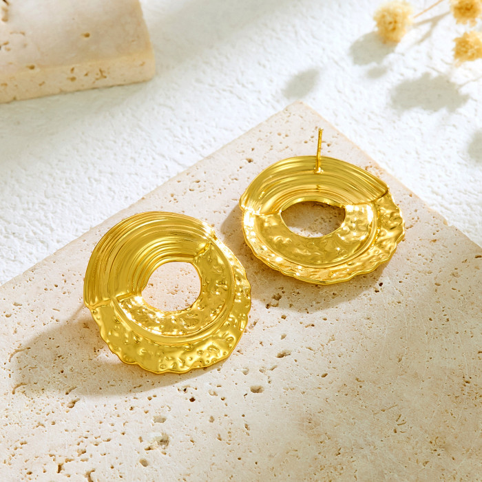 Ins Style 18K Gold Stainless Steel Earrings Wrinkled Hammered Round Hollow Hoop Fashion Versatile Ear Jewelry