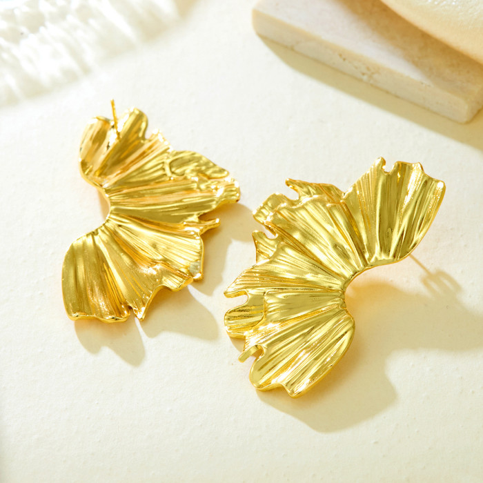 Vintage Style Ruched Leaf Earrings Geometric Metal Irregular Petal Texture Exaggerated Stud Earrings for Women