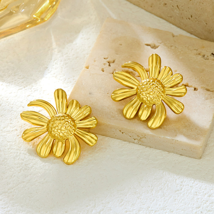 European and American Cross-Border Fashion Sense Design Versatile Niche Old Money Style Trendy Brand Stainless Steel Gold Daisy Flower Earrings