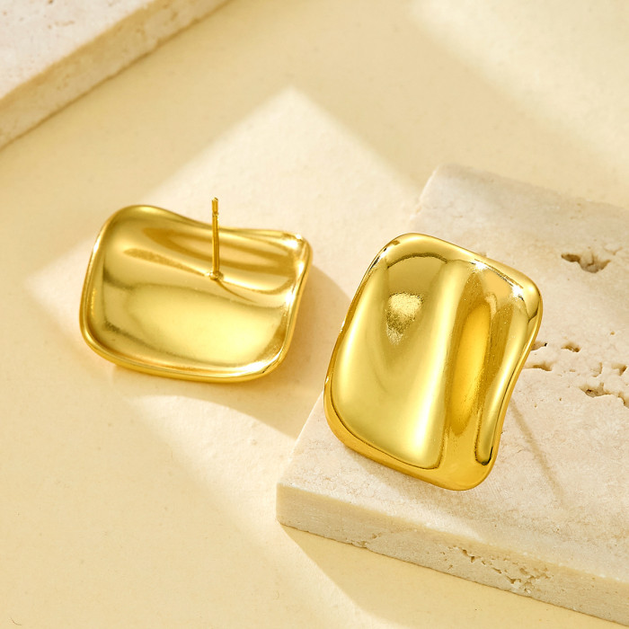 New Irregular Smooth Earrings Square Round Concave-Convex Effect British Style Stainless Steel Gold Fashion Stud Earr...