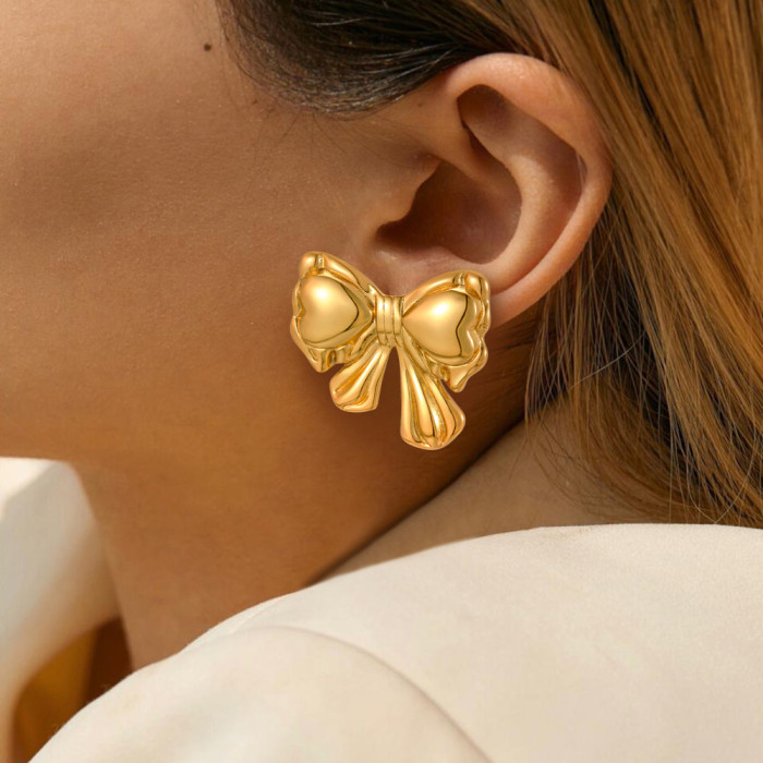 European and American Cross-Border New Titanium Steel Gold-Plated Trendy Fashion Metal Style Bowknot Earrings for Women with Unique Niche Design Sense