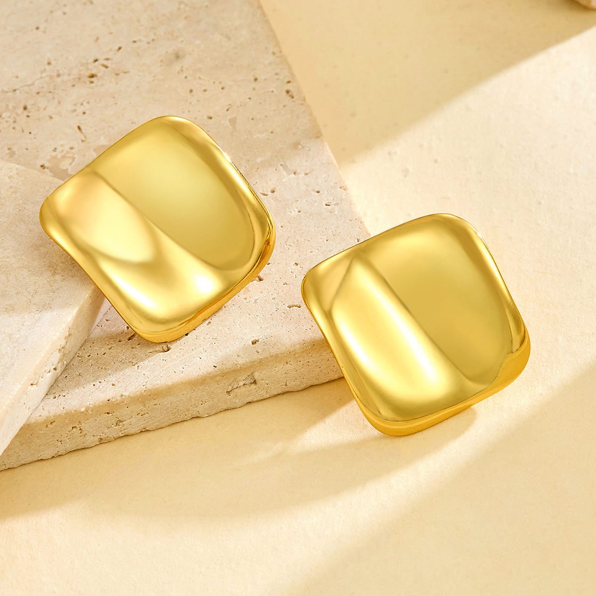 New Irregular Smooth Earrings Square Round Concave-Convex Effect British Style Stainless Steel Gold Fashion Stud Earrings